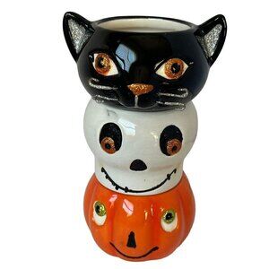Hallmark Spooky Tea Light Candle Holder Set Cat Pumpkin Skull Figural Halloween